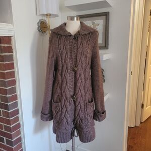Garnet Hill Long Brown Cable Knit Cardigan Sweater Hoodie Alpaca Wool Large